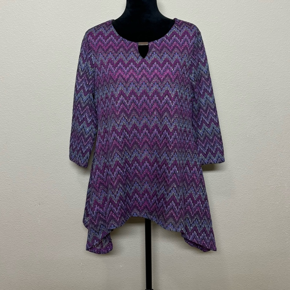 Cocomo top women large half sleeve keyhole neck zigzag lined blouse purple